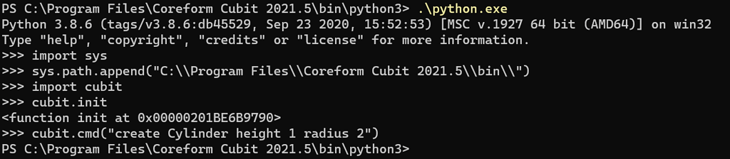 Python inputs through cubit.cmd directly in terminal in Windows 10 ...